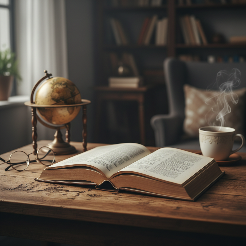 Открытая книга на деревянном столе с приглушенным светом, simbolizando знание и чтение.
