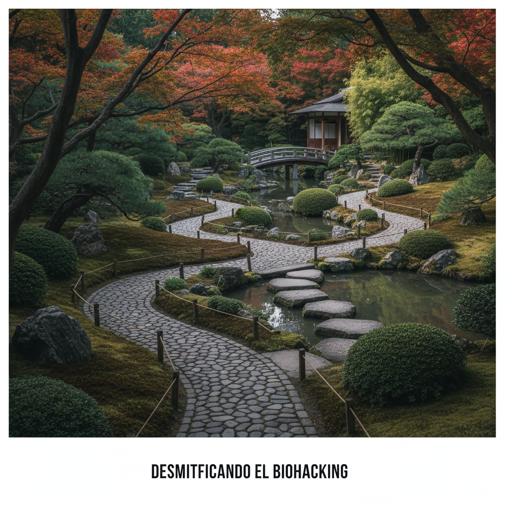 Caminos serpenteantes en un jardín japonés, simbolizando el viaje de autodescubrimiento y optimización.