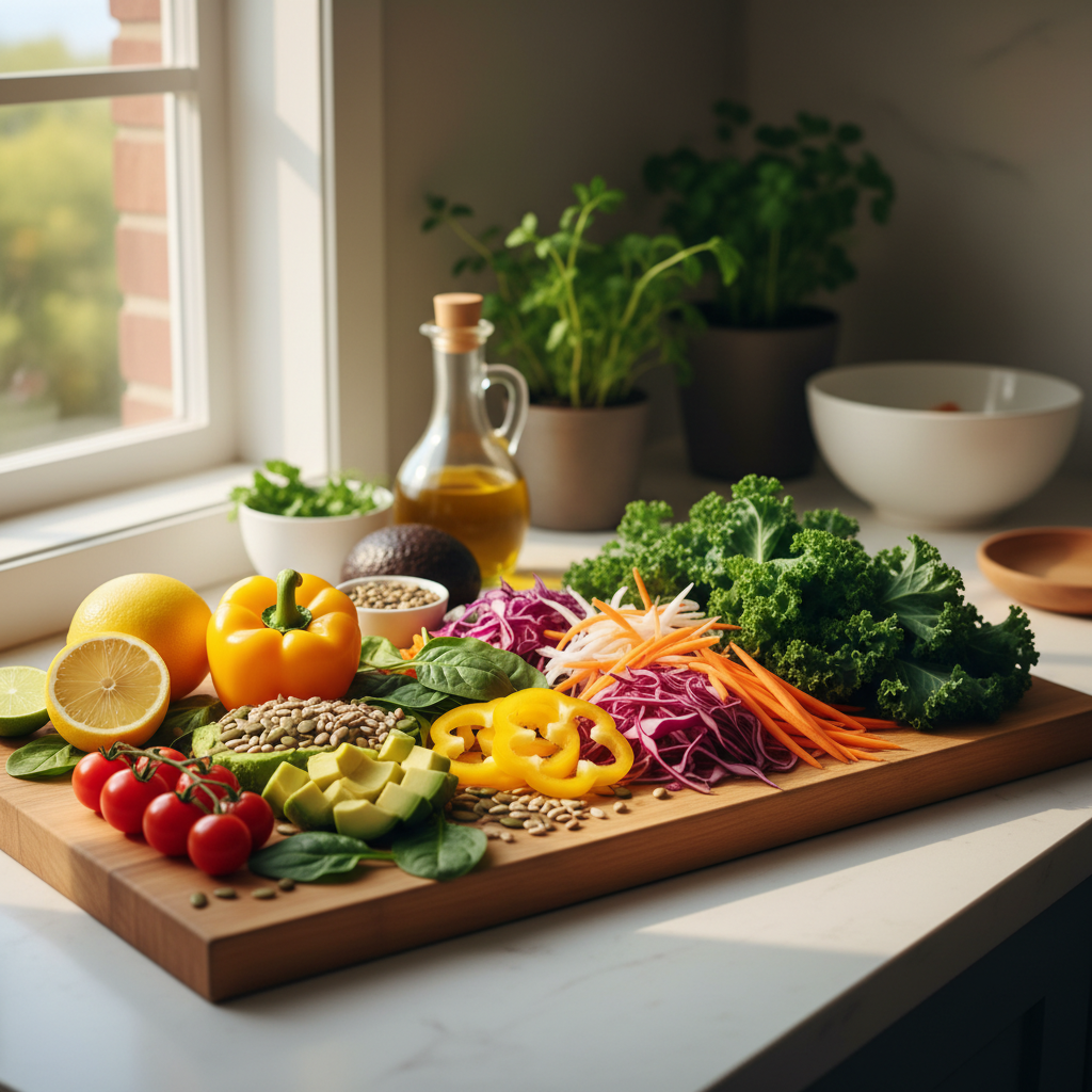 Ingredientes vibrantes para una ensalada fresca sobre una tabla de cortar de madera, representando la nutrición consciente.