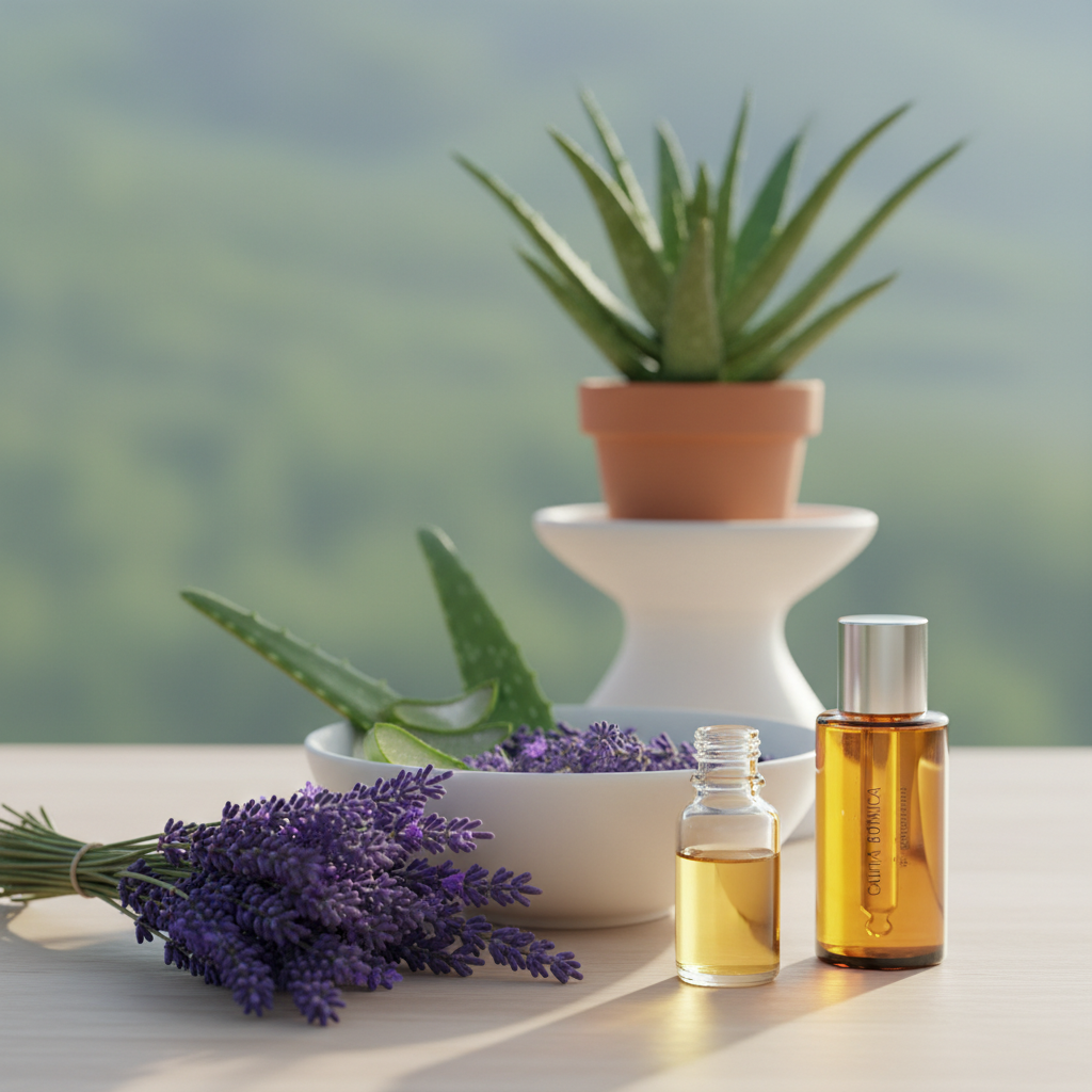 Flores de lavanda y aceite esencial, representando el cuidado natural y calmante.